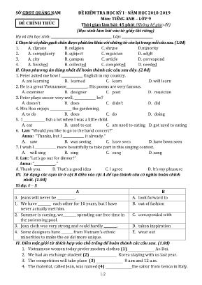 Đề kiểm tra học kỳ I môn Tiếng Anh Lớp 9 - Năm học 2018-2019 - Sở giáo dục và đào tạo Quảng Nam (Có đáp án)
